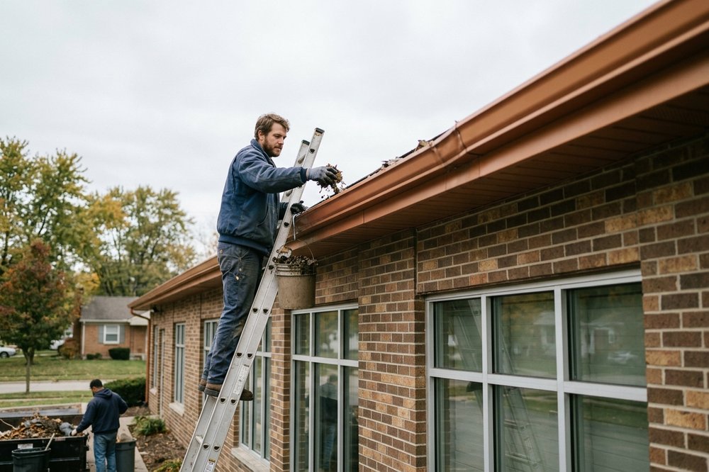 Commercial Gutter Cleaning work in progress on a Indianapolis, Indiana home