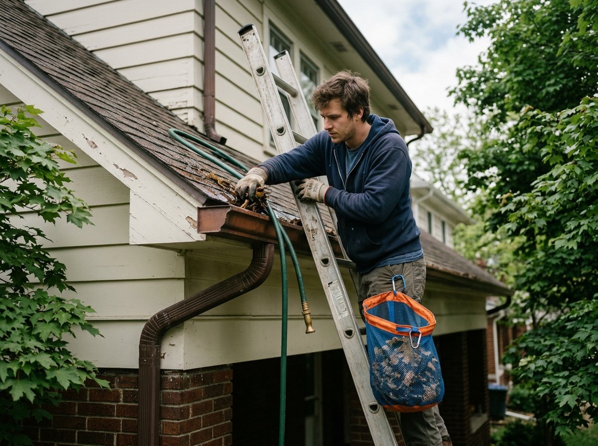 Technician cleaning leaves out of a gutter on an Indianapolis home