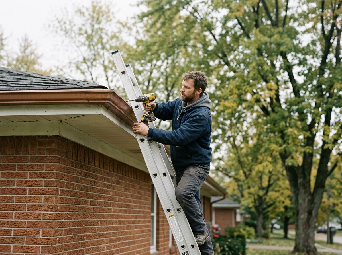 Contractor re-securing a sagging gutter run on an Indianapolis home