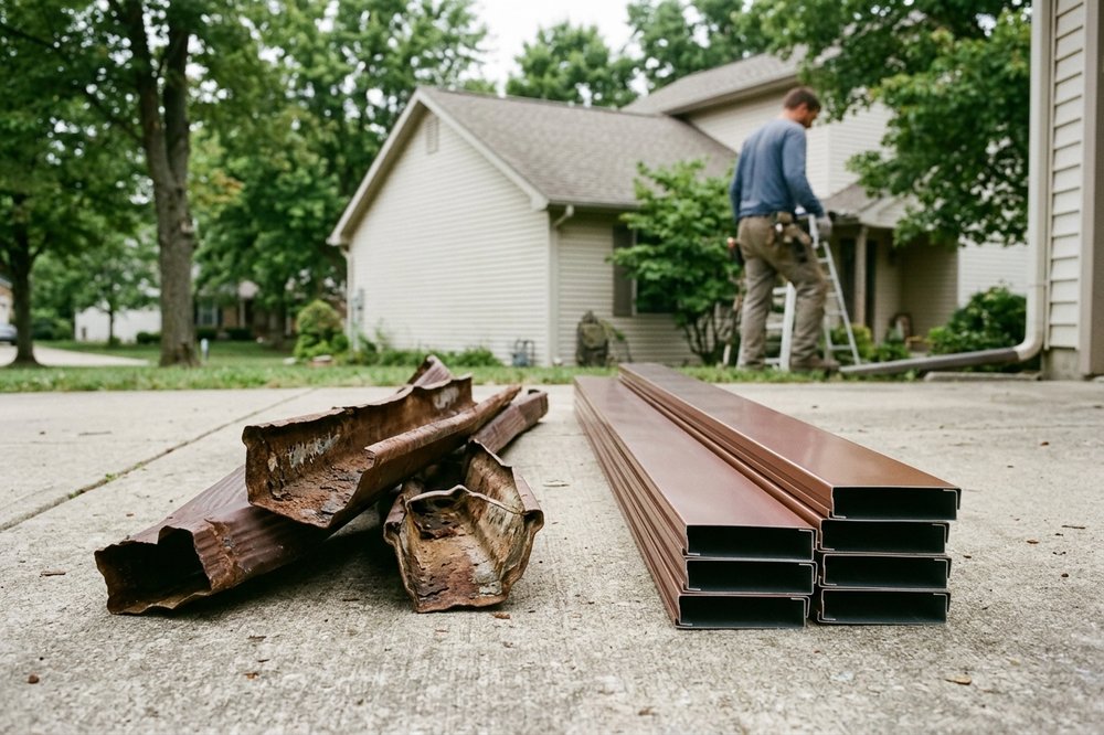 New gutter and downspout run on a brick home