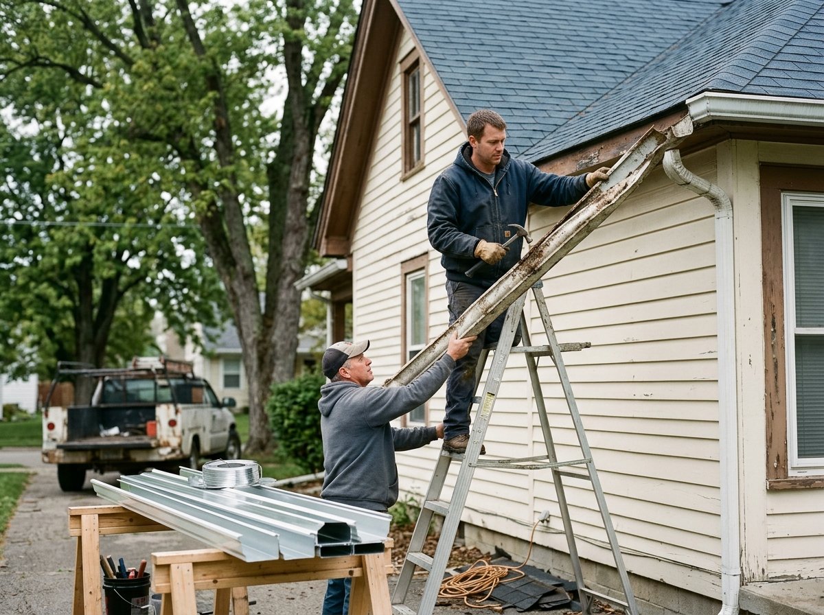 Exterior contractor installing gutters during a roof project