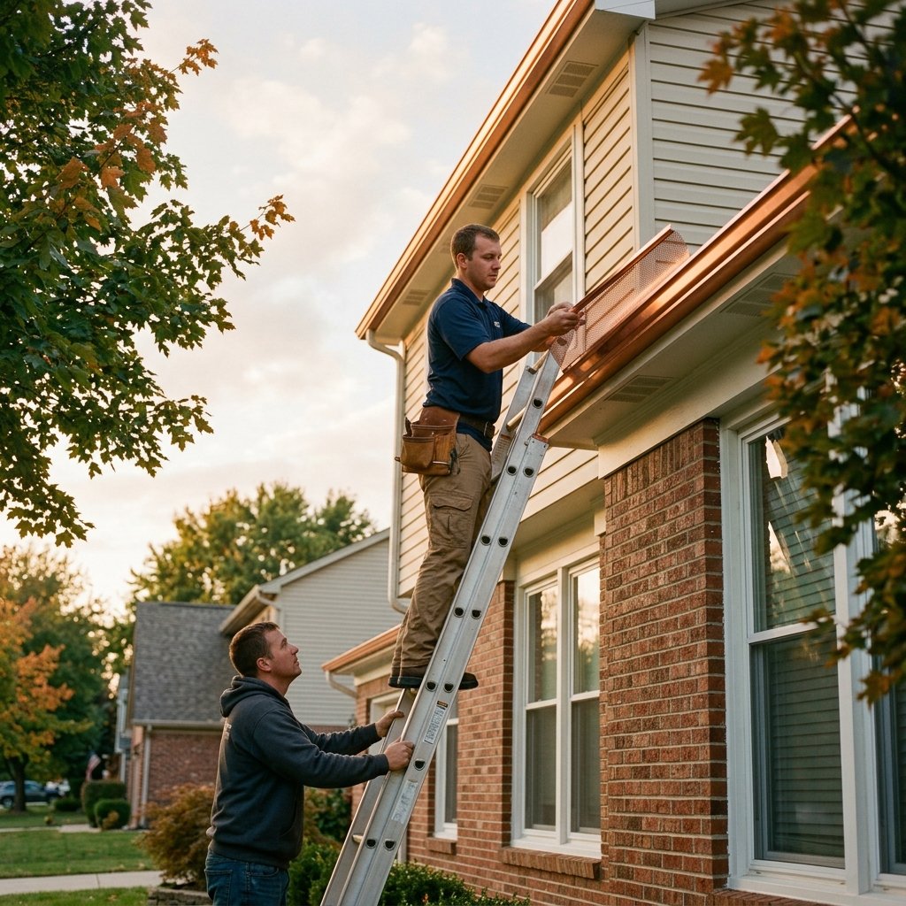 Indianapolis Gutter Co. crew installing micro-mesh gutter guards on a two-story Indianapolis home at golden hour